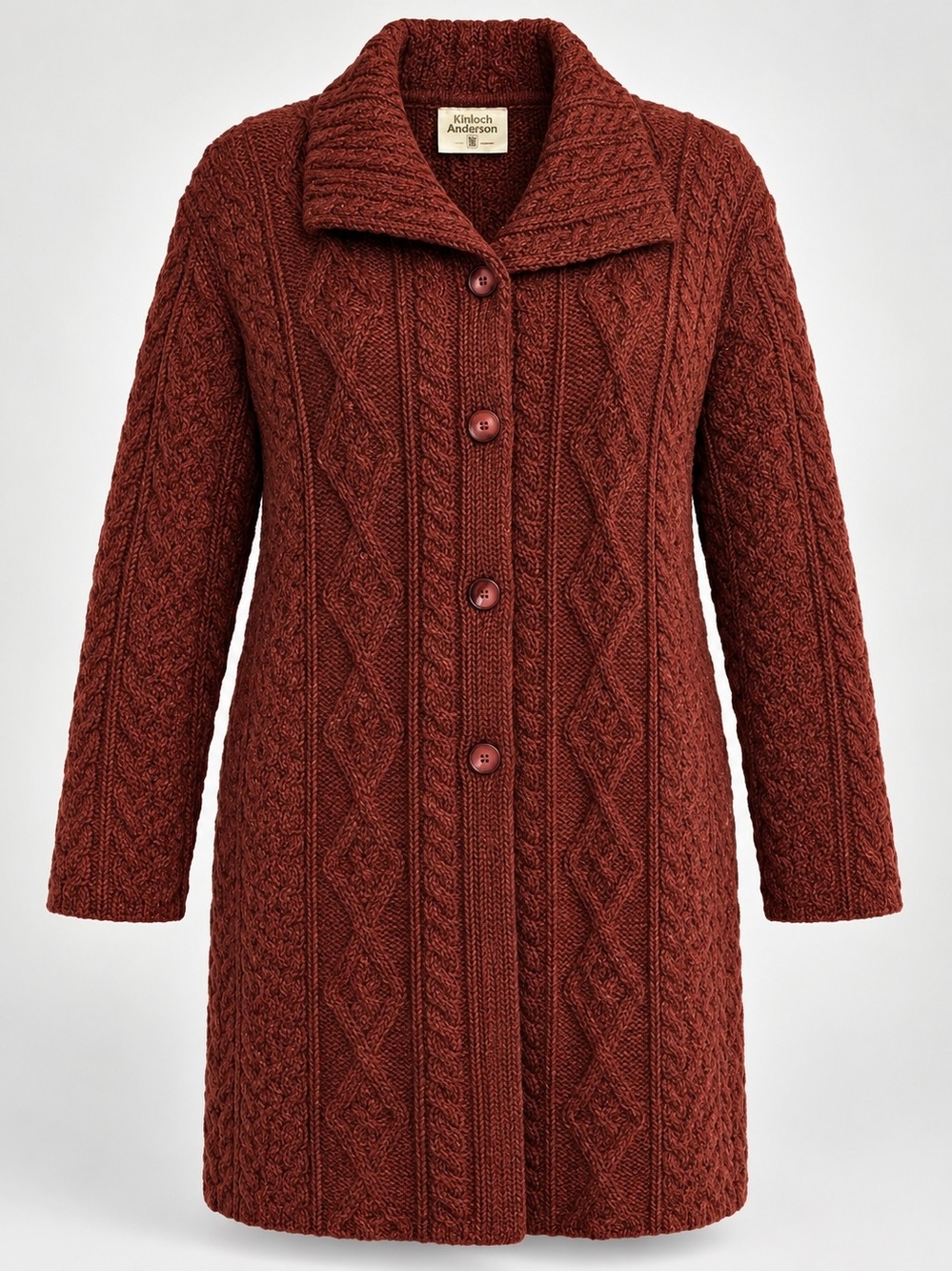 Kilronan Irish Wool Aran Cable Knit Sweater Coat Rust AS IS